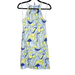J McLaughlin XS Blue Yellow Catalina Cloth Halter Mini Dress Geometric Printed